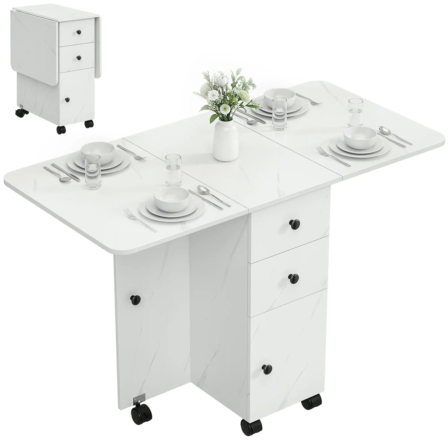 Drop Leaf Dining Table, Mobile Folding Table With Drawers, Marble White, White Dining Tables at Gallery Canada