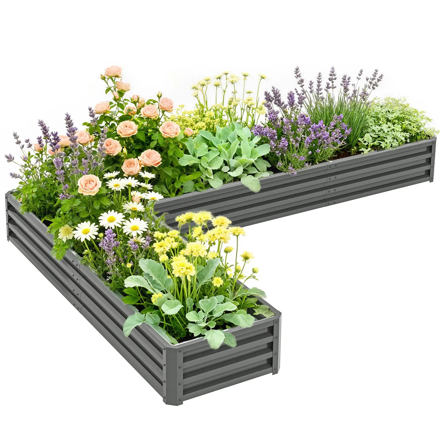 L-Shaped Raised Garden Bed, 82" x 109" x 12", Galvanized Steel Planter Box, Light Grey Galvanized Planter Boxes at Gallery Canada