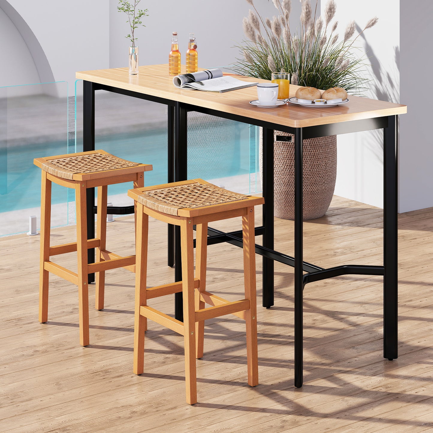 Acacia Wood Bar Stools, Set of 2, PE Rattan Seats Patio Bar Furniture at Gallery Canada