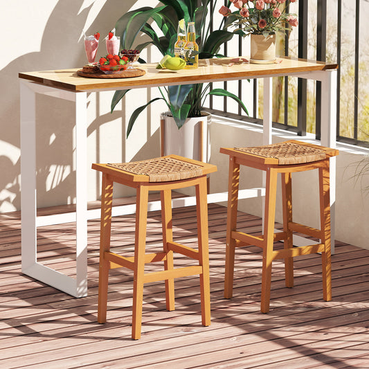 Acacia Wood Bar Stools, Set of 2, PE Rattan Seats Patio Bar Furniture Options at Gallery Canada