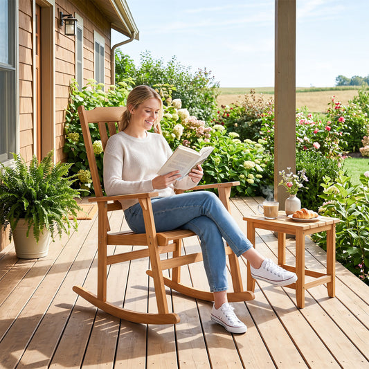 Outdoor Acacia Wood Rocking Chair with High Back and Armrests for Patio, Natural Patio Rocking Chairs & Gliders Natural at Gallery Canada