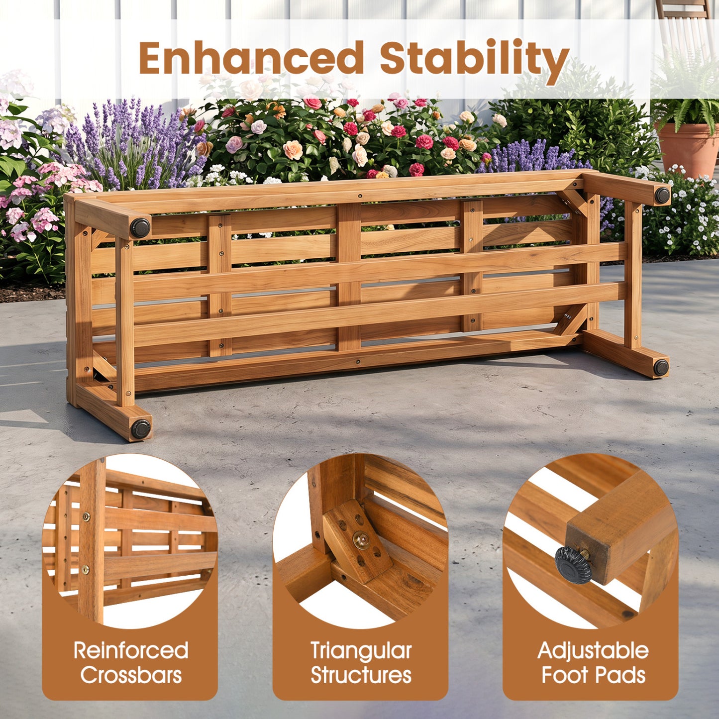 Outdoor Acacia Wood Patio Bench For 2, Slatted Seat