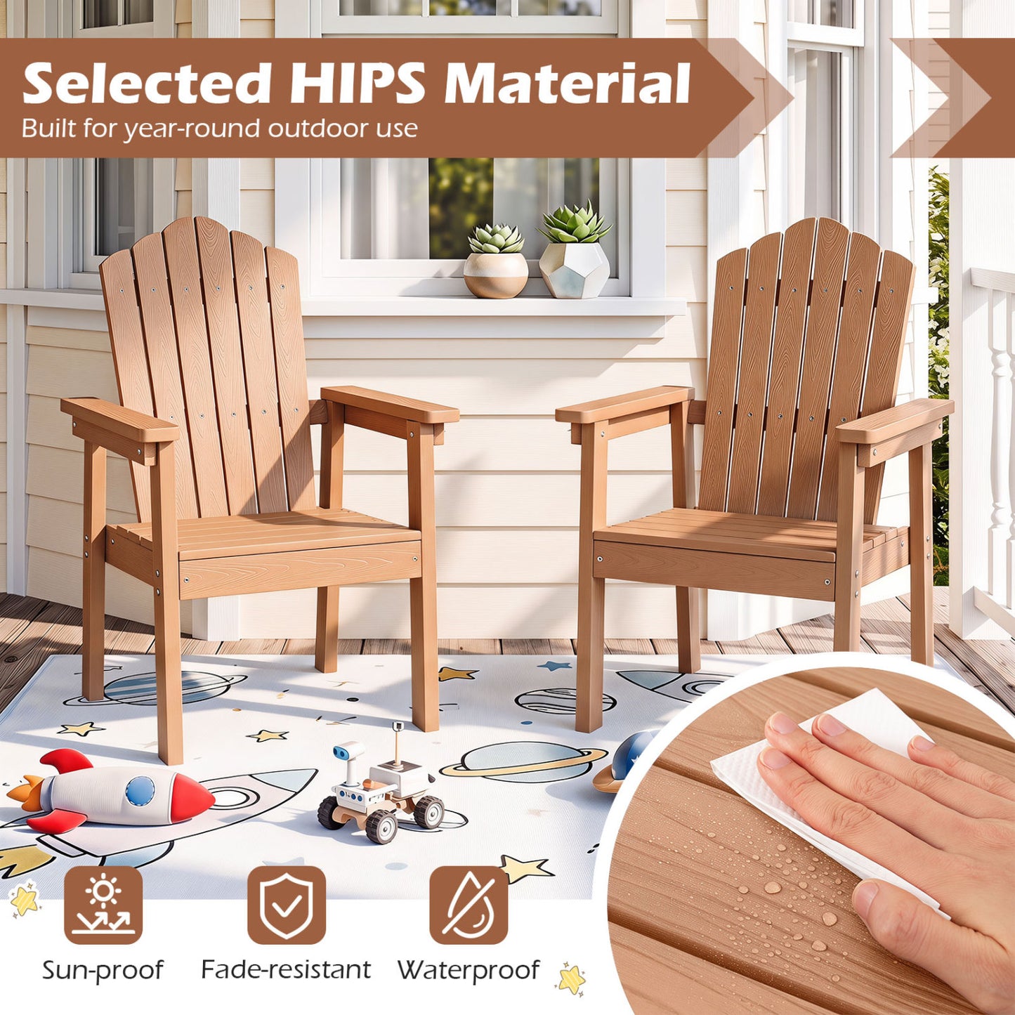 Chaise Adirondack d'extérieur, dossier haut, accoudoirs larges, marron