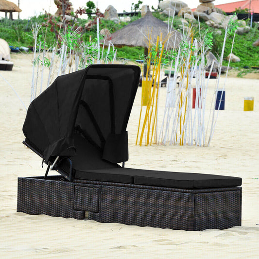 Outdoor Adjustable Chaise Lounge Chair With Folding Canopy, Black Outdoor Chaise Lounges Black at Gallery Canada