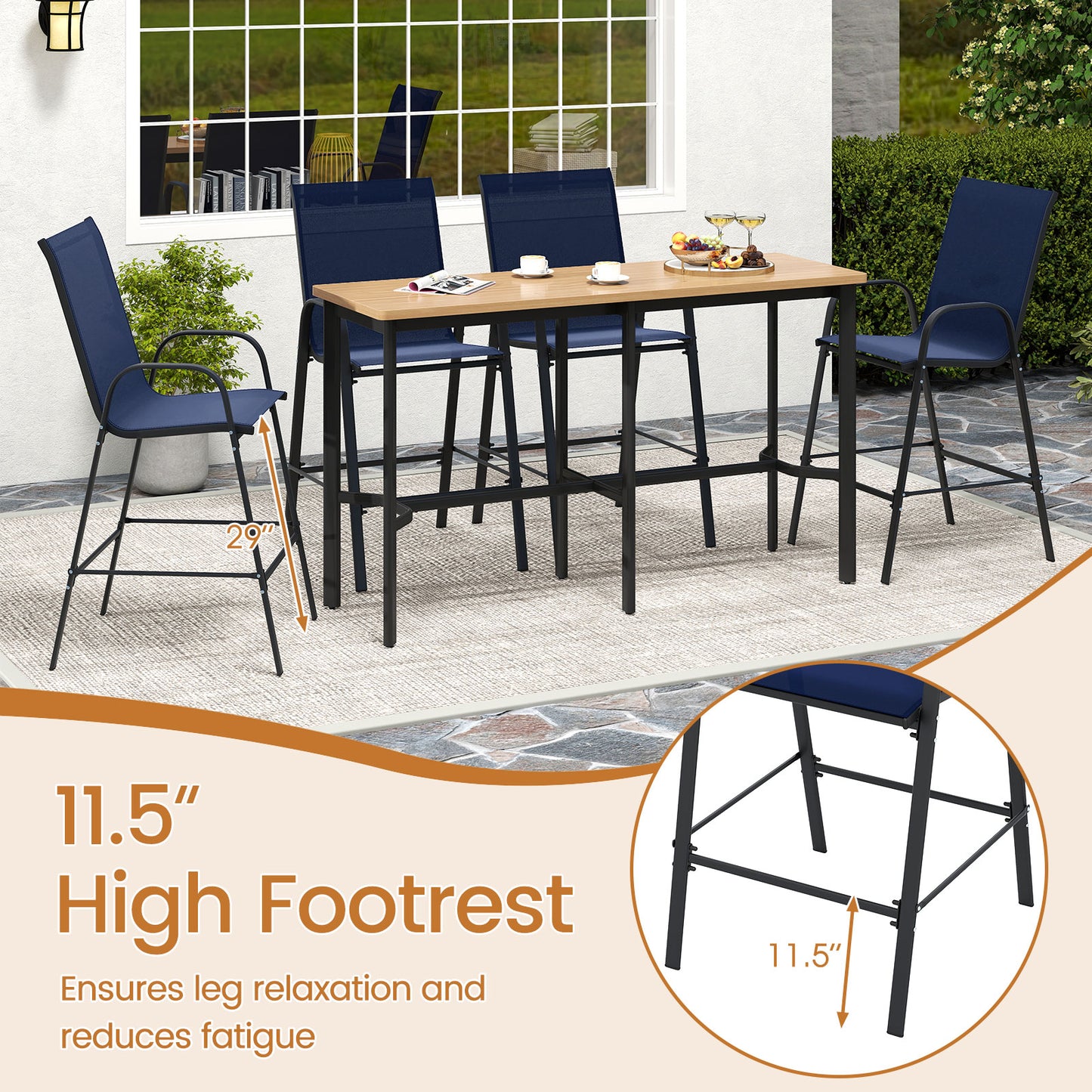 29 Inch Fabric Bar Stools Set of 2, With Armrests, Navy Patio Bar Furniture at Gallery Canada