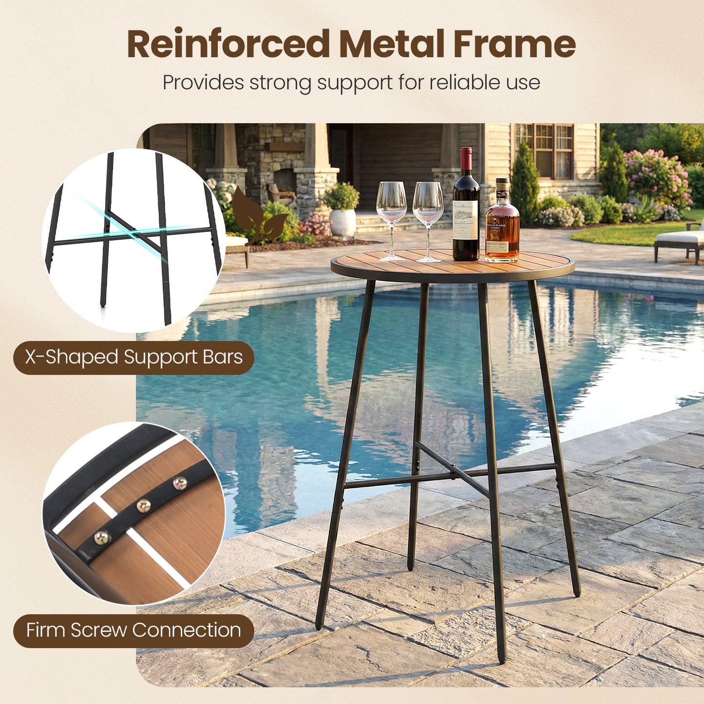 Outdoor Bar Table 41 inch Bar Height Patio Round Table with Acacia Wood Top and Metal Frame Patio Bar Furniture at Gallery Canada