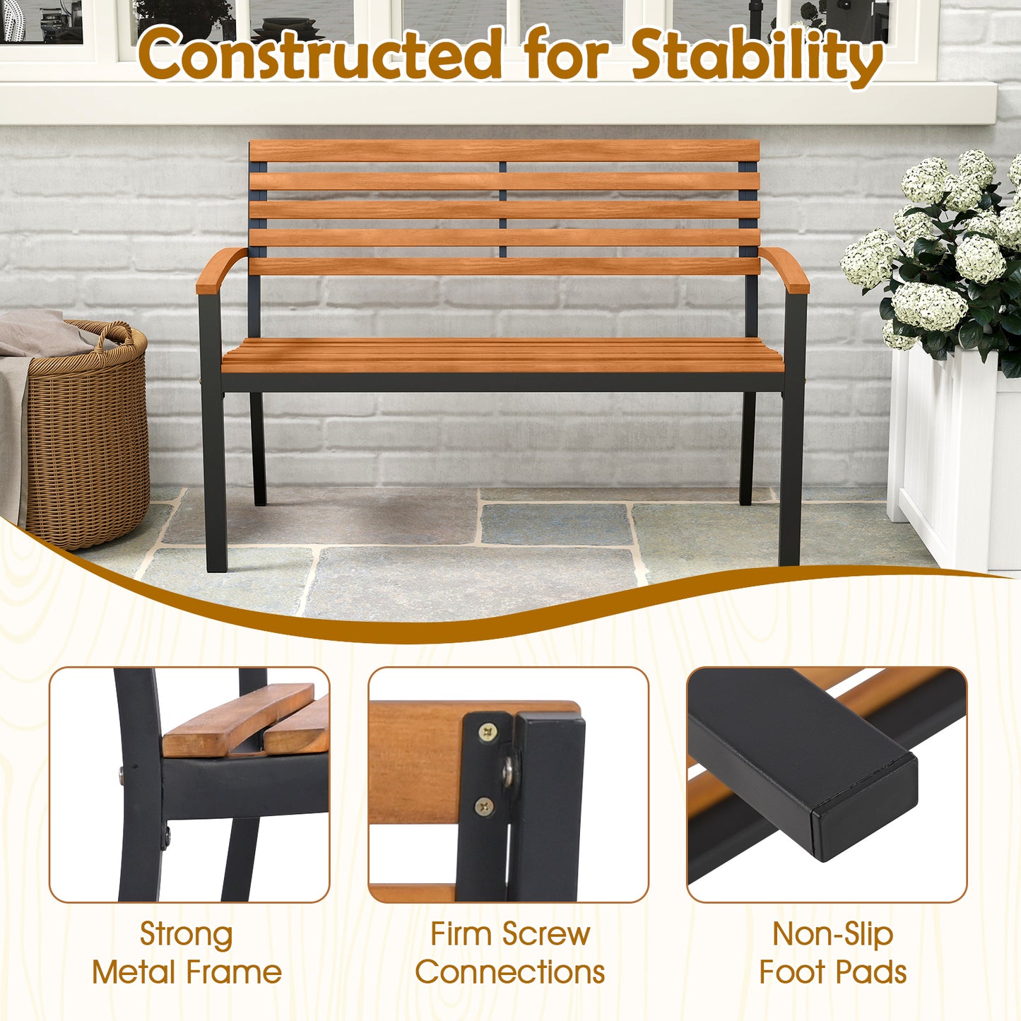 Acacia Wood Outdoor Bench Loveseat, With Backrest Armrests Outdoor Benches at Gallery Canada