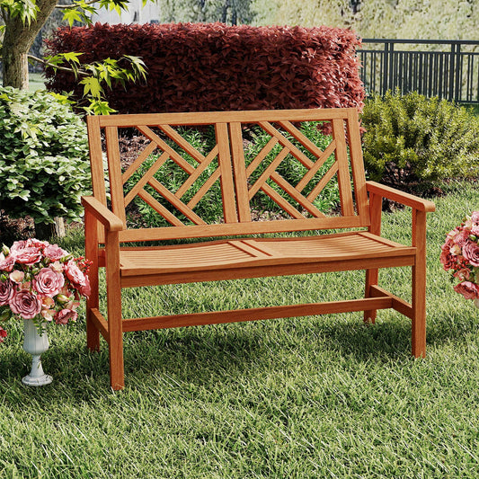 Outdoor Bench Wood 2-Person Patio Loveseat Chair with Geometric Backrest, Natural Outdoor Benches Natural at Gallery Canada