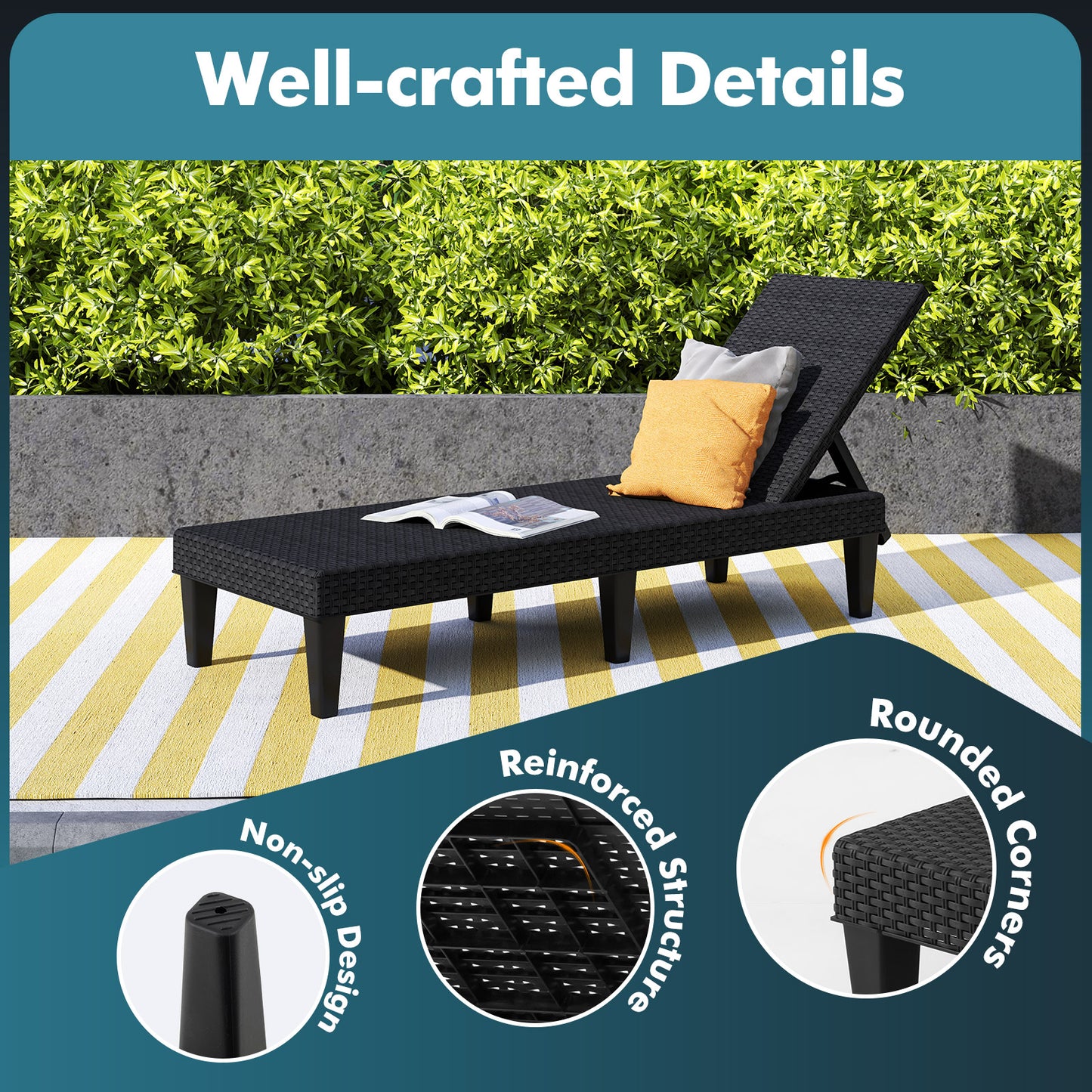 Outdoor Chaise Lounger Chair, Waterproof Rattan Textured PP, Set of 2, Black Outdoor Chaise Lounges at Gallery Canada