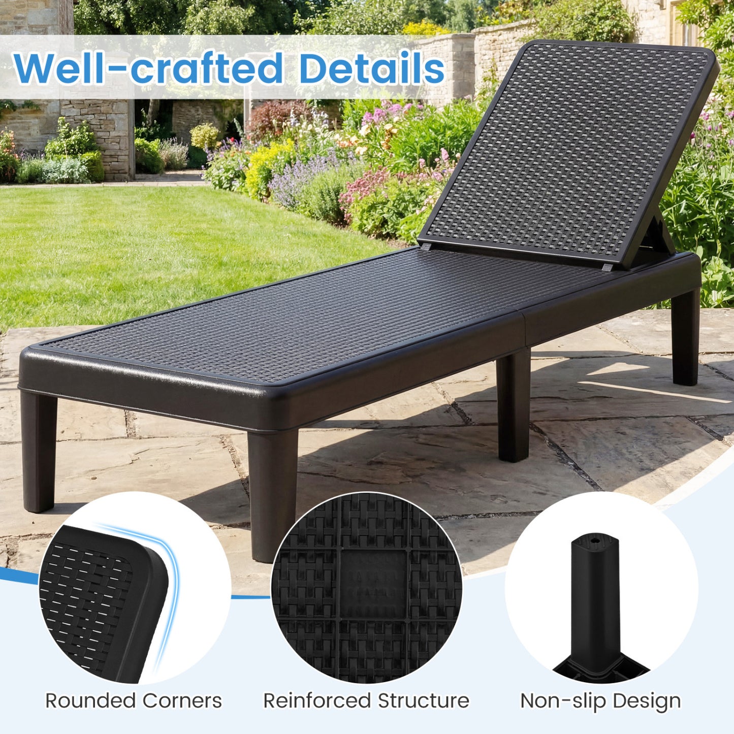 Outdoor Chaise Lounger Chair, Waterproof Rattan Textured PP, Set of 2, Black Outdoor Chaise Lounges at Gallery Canada
