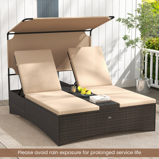 Outdoor Daybed, Adjustable Backrest, 2-Person PE Rattan Patio Bed, Brown Outdoor Chaise Lounges Brown at Gallery Canada