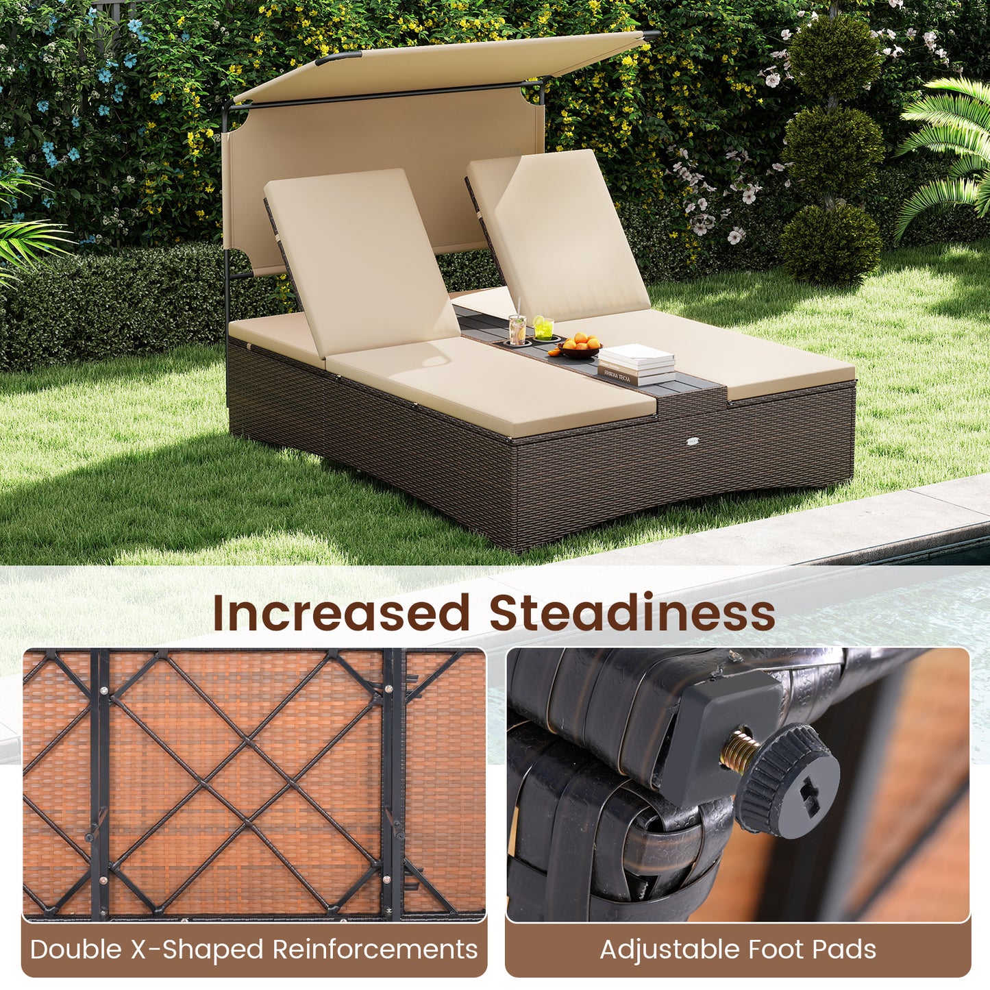 Outdoor Daybed, Adjustable Backrest, 2-Person PE Rattan Patio Bed, Brown Outdoor Chaise Lounges at Gallery Canada