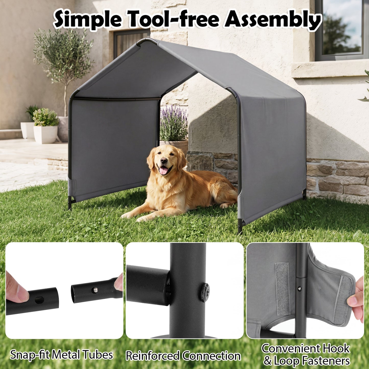Abri d'ombre pour chien, toit imperméable, piquets de sol, gris