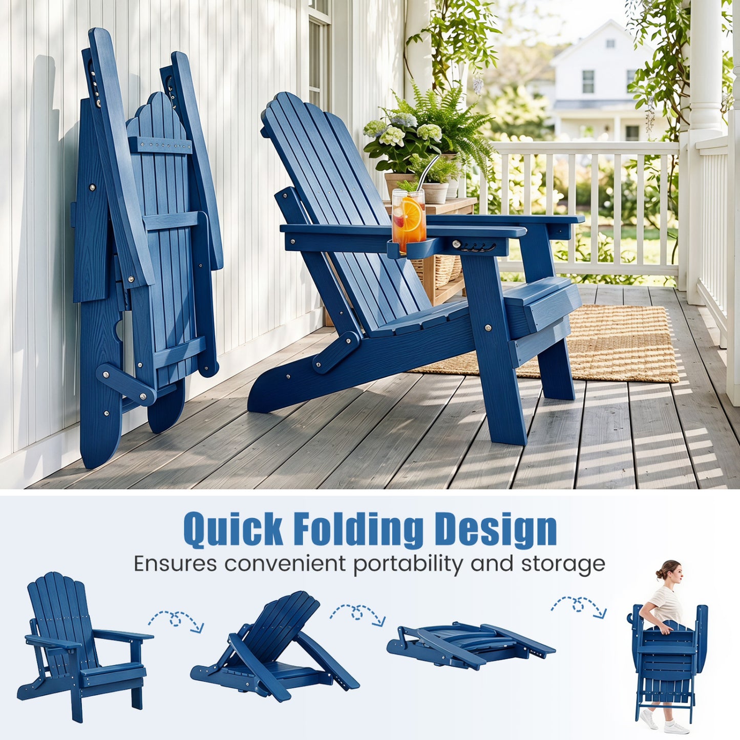 Chaise Adirondack pliante avec porte-gobelet, bleu marine