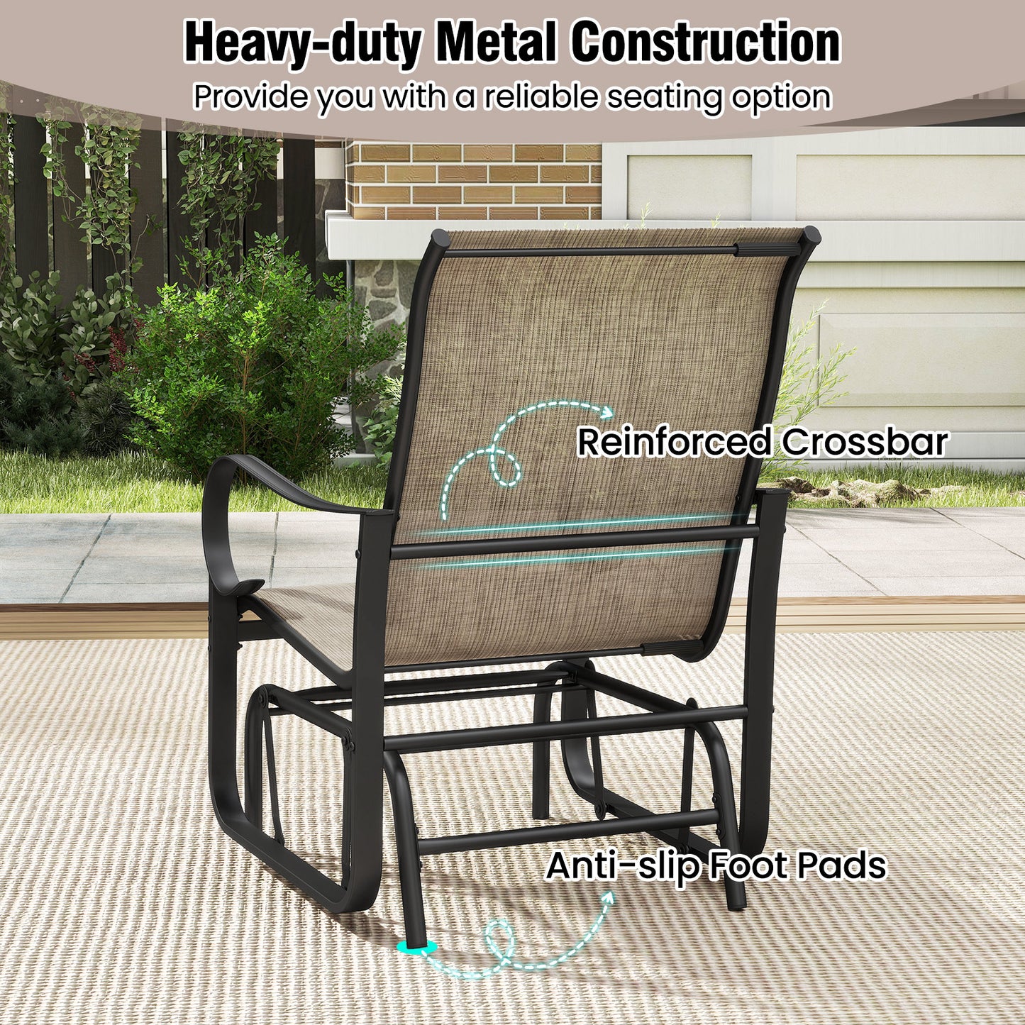 Outdoor Glider Chairs Set of 2, High Backrest, Breathable Mesh, Metal Frame, Black and Brown Patio Rocking Chairs & Gliders at Gallery Canada