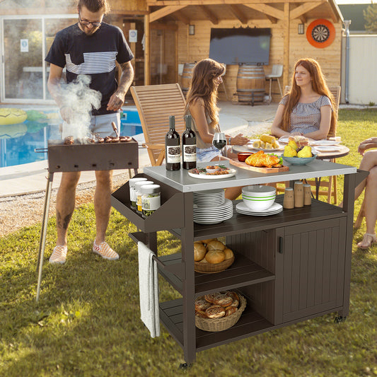 Outdoor Grill Cart with Storage Cabinet Shelves and Stainless Steel Top, Brown Outdoor Grills Brown at Gallery Canada