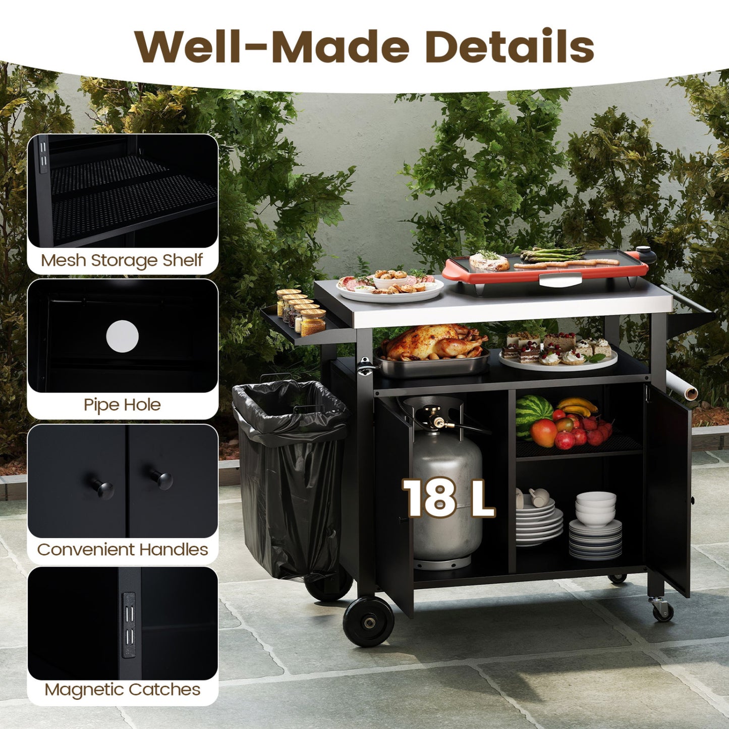 Chariot de barbecue d'extérieur, dessus en acier inoxydable, armoire à 2 portes, noir