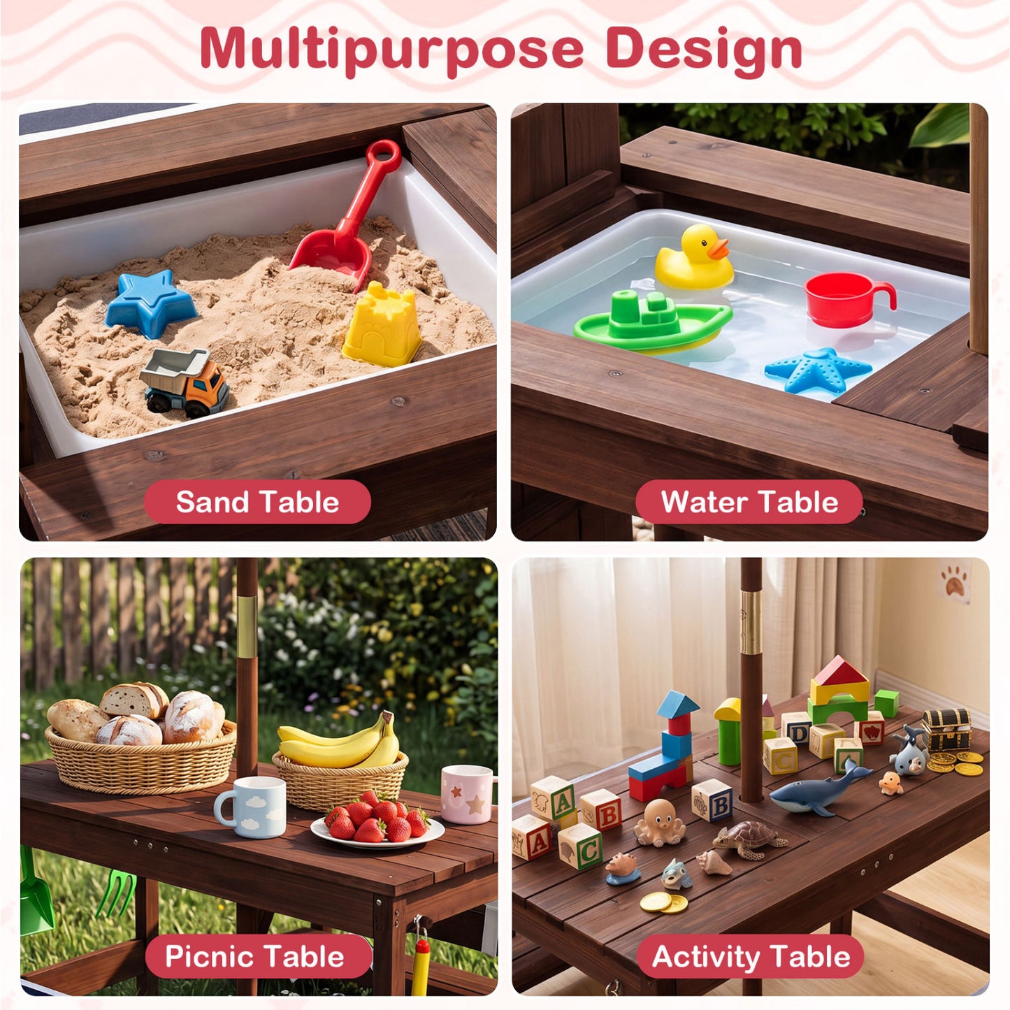 Kids Wooden Picnic Table with Umbrella, Red Kids Table & Chair Sets at Gallery Canada