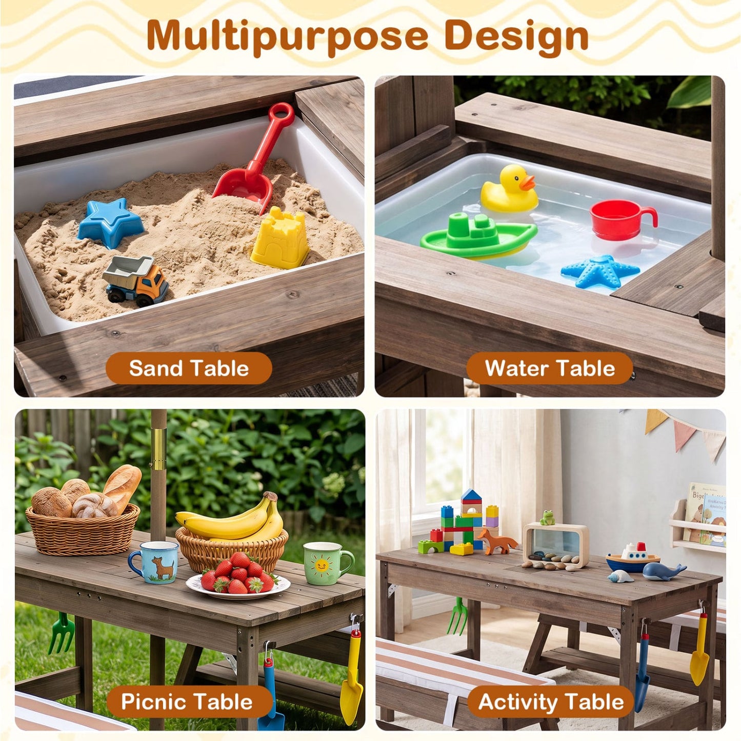 Wooden Kids Picnic Table & Benches with Umbrella, Brown