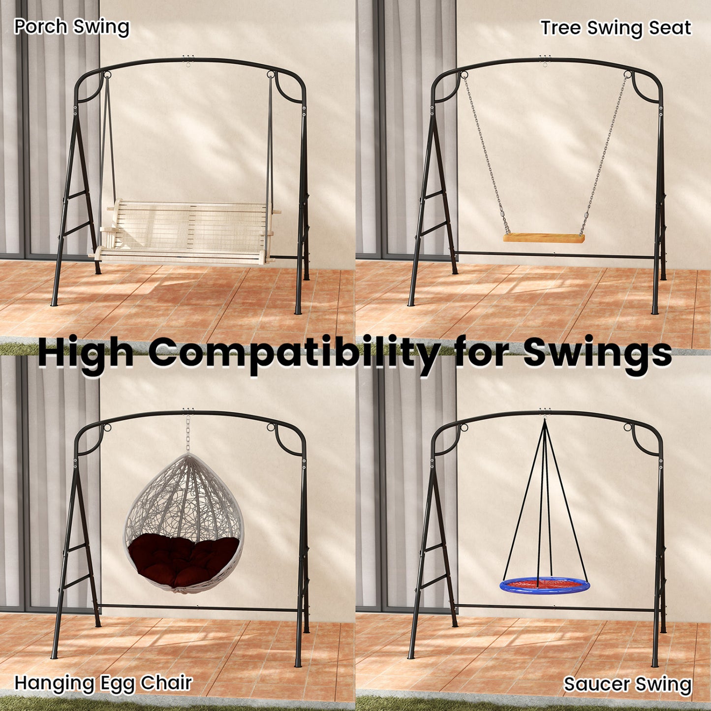 Outdoor Metal Swing Stand, 4 Support Bars, 2 Hanging Ways, Black Porch Swings at Gallery Canada