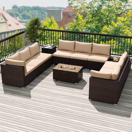 Outdoor Rattan Conversation Set, 32” Fire Pit Table With Tank Holder, Beige Patio Conversation Sets Beige at Gallery Canada