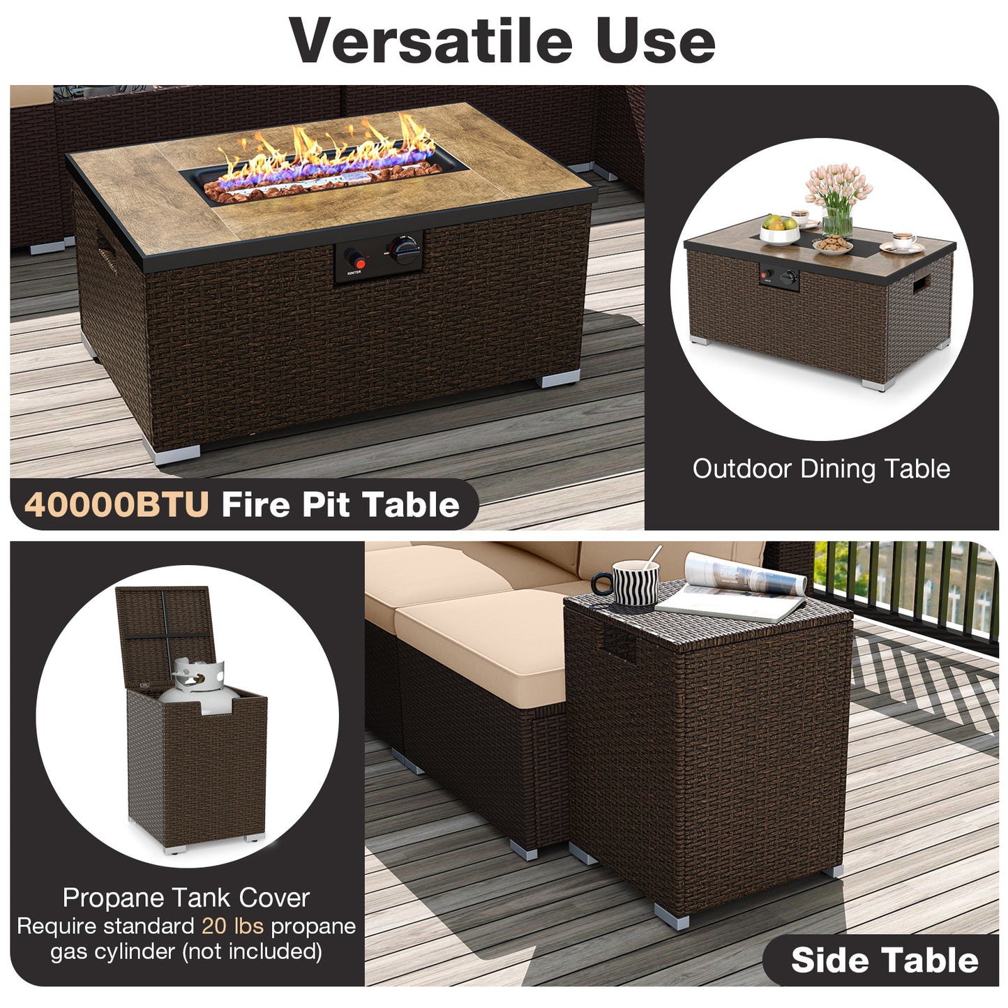 Outdoor Rattan Conversation Set, 32” Fire Pit Table With Tank Holder, Beige Patio Conversation Sets at Gallery Canada