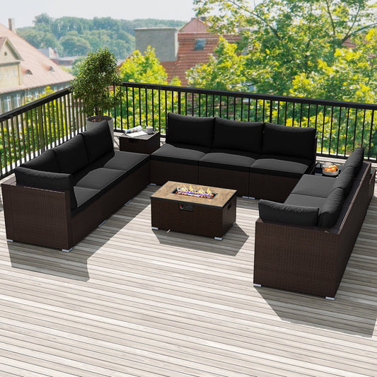 Outdoor PE Rattan Conversation Set with 32” Propane Fire Pit Table and Tank Holder, Black Patio Conversation Sets Black at Gallery Canada