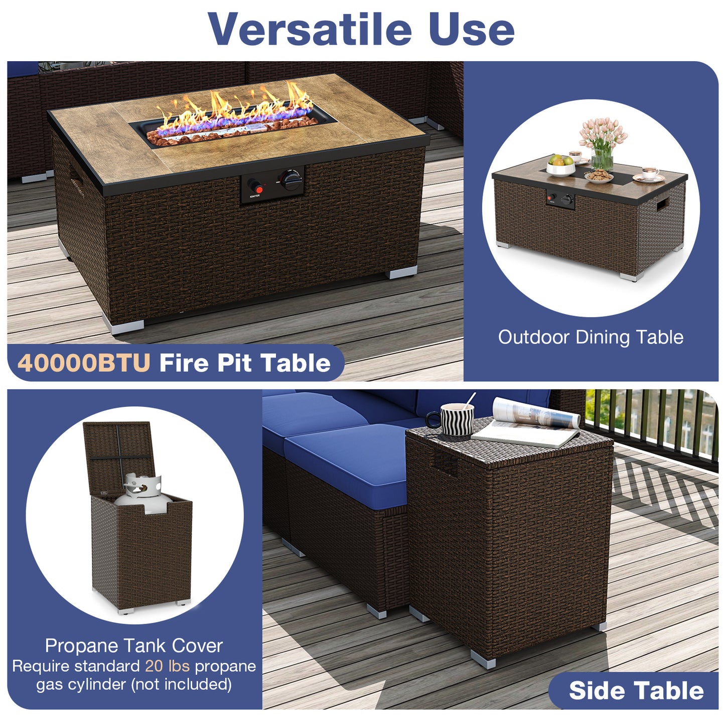 Outdoor Rattan Conversation Set, 32” Propane Fire Pit Table, Navy Patio Conversation Sets at Gallery Canada