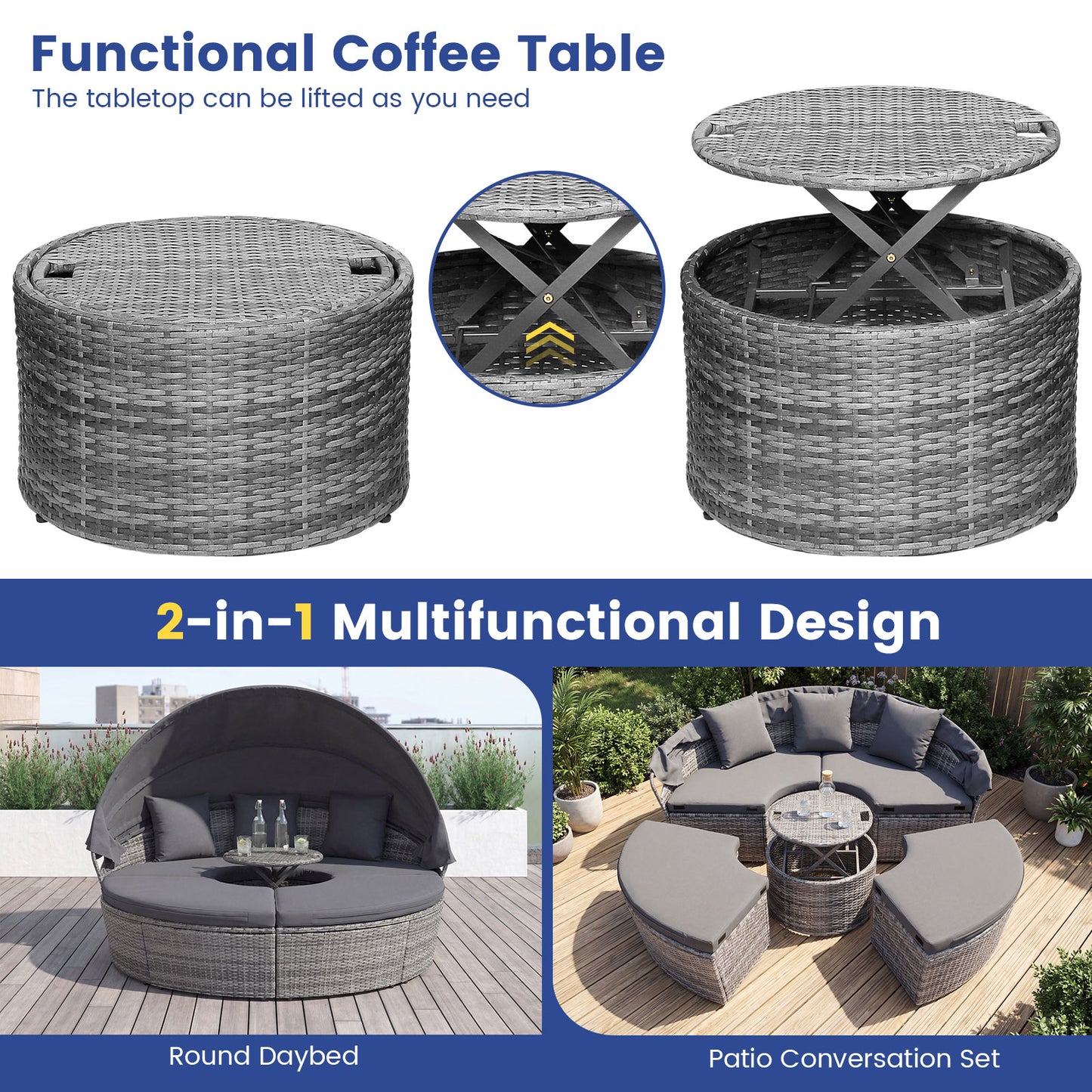 Outdoor PE Wicker Round Daybed, Retractable Canopy, Cushions, Gray Outdoor Sectionals at Gallery Canada