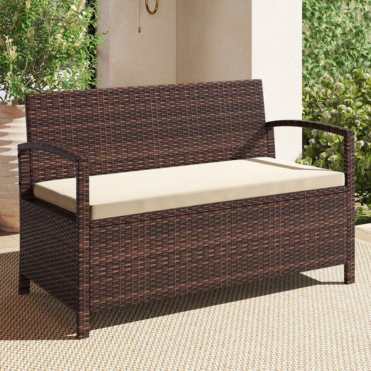 Outdoor PE Wicker Storage Bench 2 Seater with Cushion and 42 Gallon Deck Box, Beige Outdoor Benches Beige at Gallery Canada