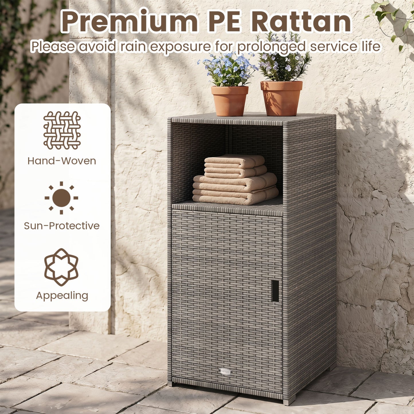 Outdoor PE Wicker Storage Cabinet with Door and Open Compartment for Patio, Gray Sheds & Outdoor Storage at Gallery Canada