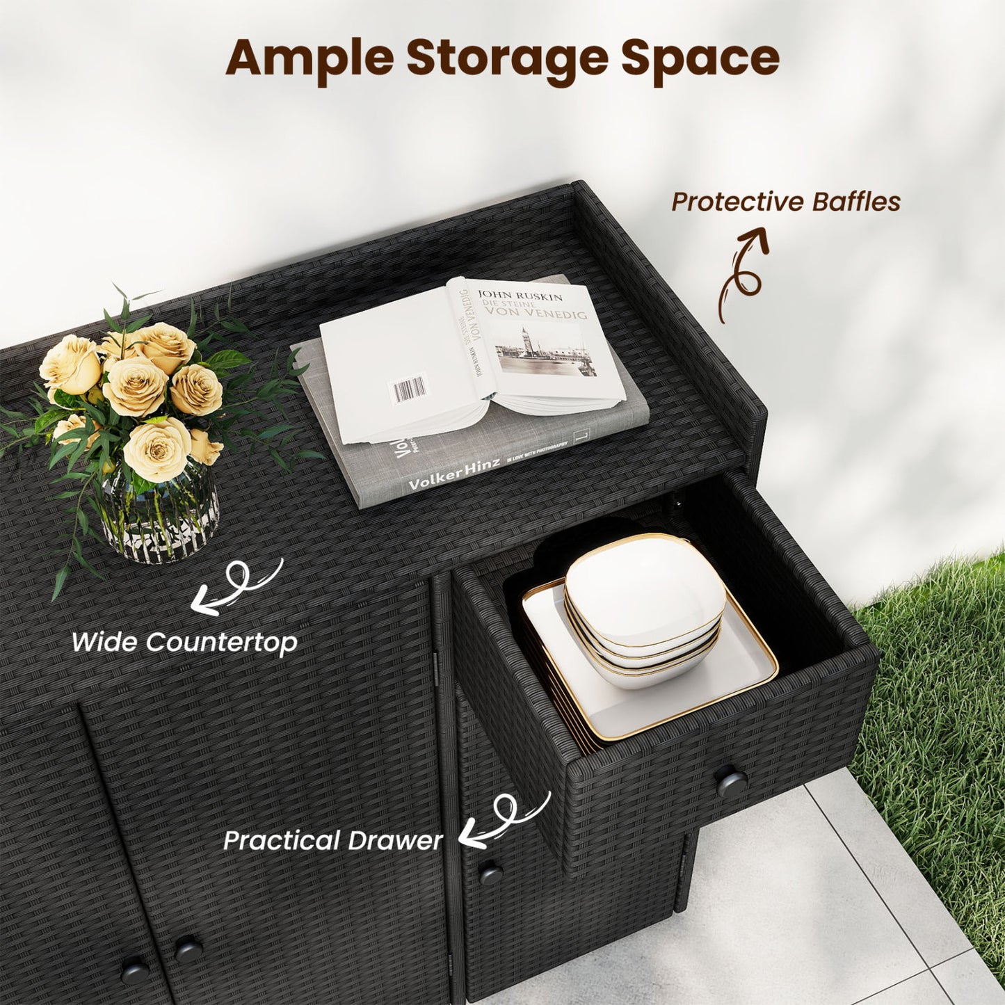 Outdoor PE Wicker Storage Cabinet, 3 Doors, Adjustable Shelves, Drawer, Black