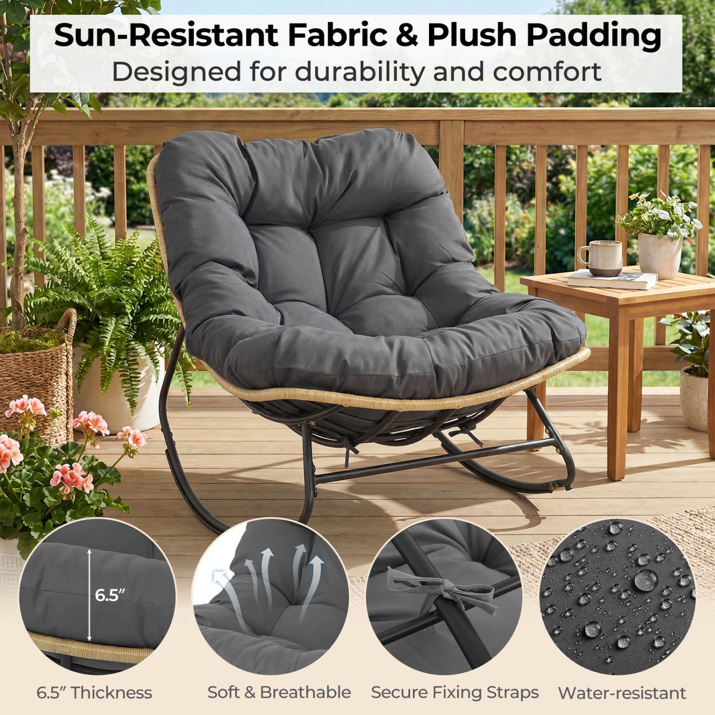 Outdoor Papasan Rocking Chair with Thick Cushioned Seat for Patio, Gray Patio Rocking Chairs & Gliders at Gallery Canada