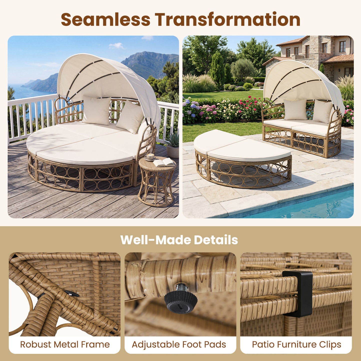 Outdoor Patio Daybed With Retractable Canopy, Wicker, White, Yellow Outdoor Chaise Lounges at Gallery Canada