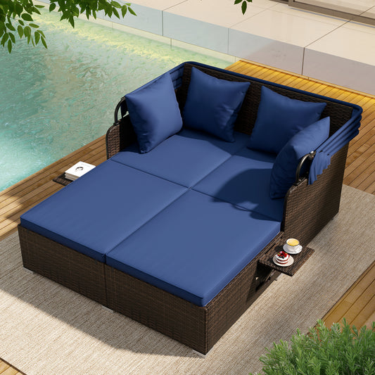 Outdoor Patio Rattan Daybed with Retractable Canopy and Side Tables, Navy Outdoor Sectionals Navy at Gallery Canada