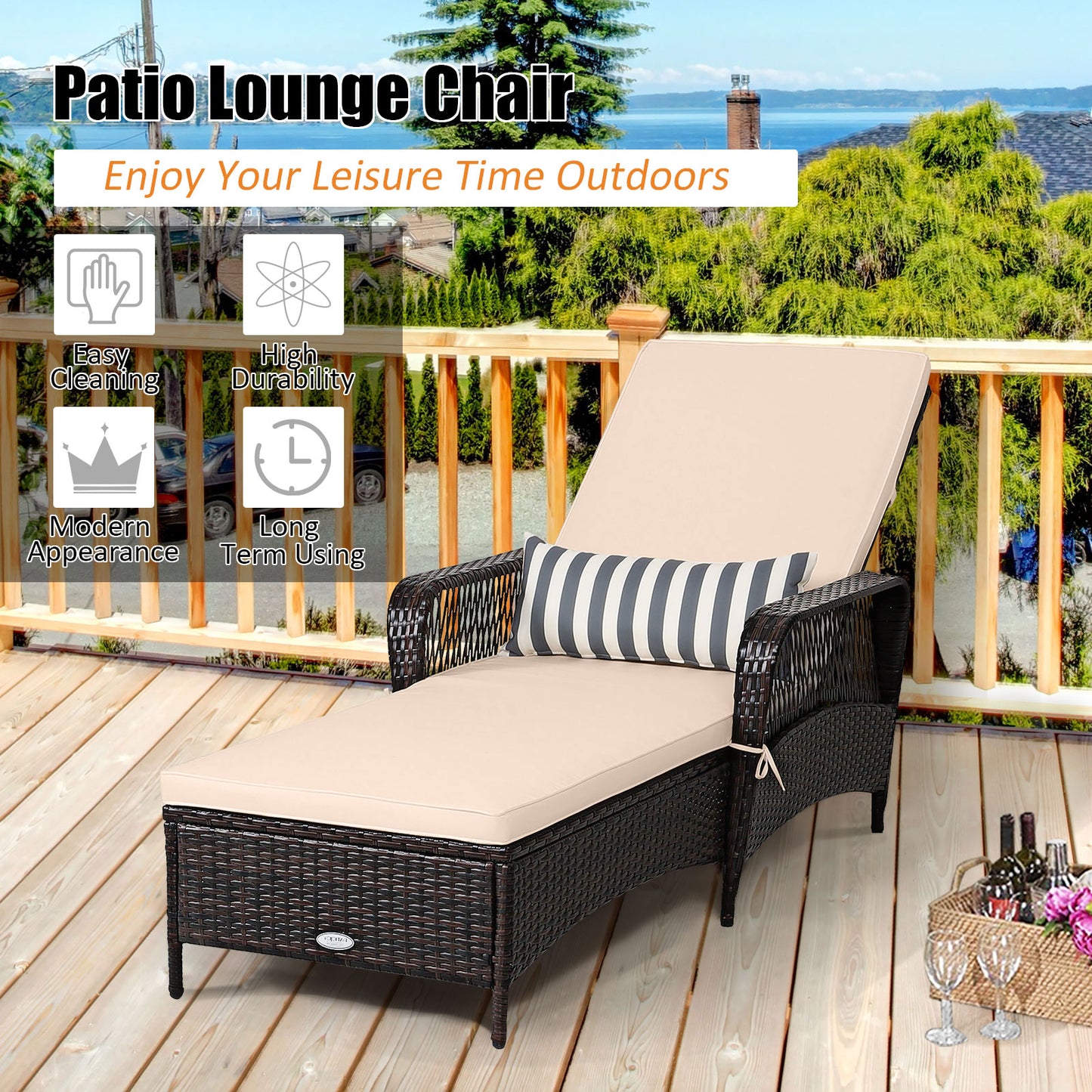 Outdoor Patio Wicker Chaise Lounge Chair with Adjustable Backrest and Pillow, Beige Outdoor Chaise Lounges at Gallery Canada