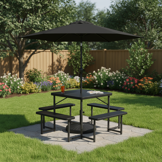 Outdoor Picnic Table Bench Set with Umbrella and Base for 4-8 People, Black Picnic Tables Black at Gallery Canada