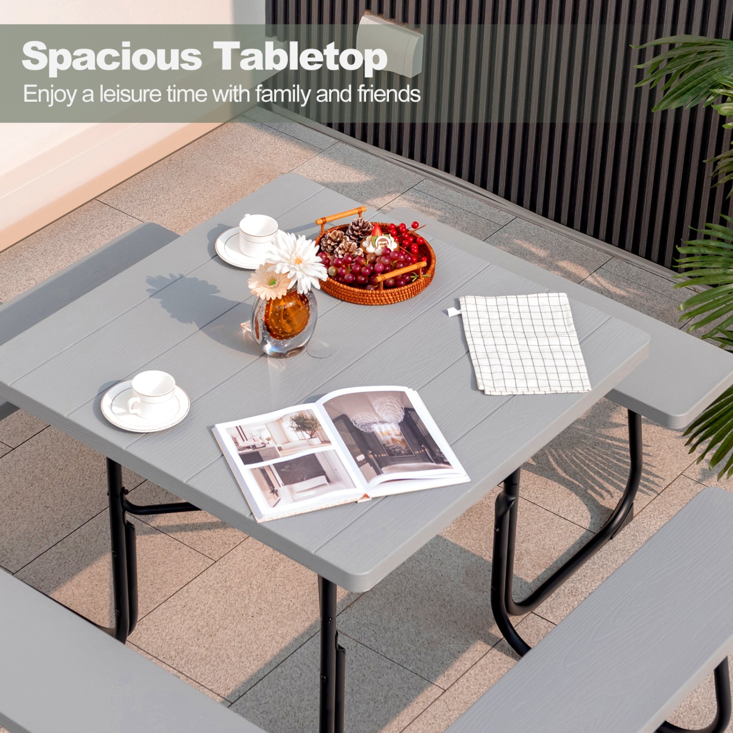 Outdoor Picnic Table With 4 Benches, Umbrella Hole, Gray Picnic Tables at Gallery Canada