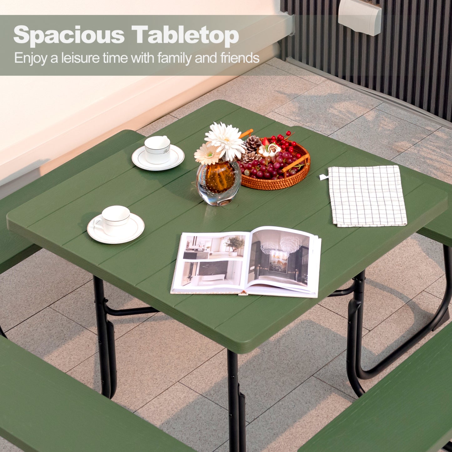 Outdoor Picnic Table With 4 Benches, Umbrella Hole, Green Picnic Tables at Gallery Canada
