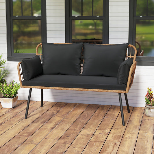 Outdoor Rattan 2-Seat Chair with Seat Back Cushions and Heavy-Duty Metal Legs, Black Outdoor Chaise Lounges Black at Gallery Canada