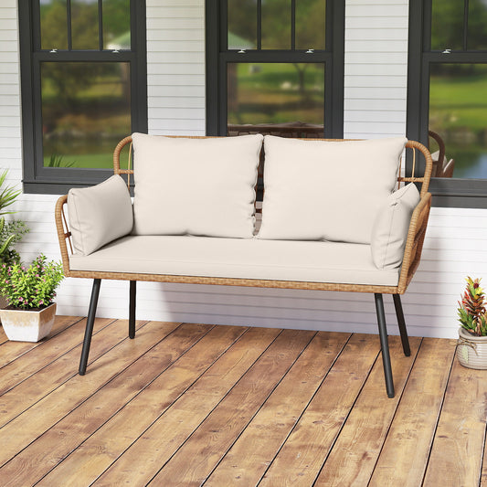 Outdoor Rattan 2-Seat Chair with Seat Back Cushions and Heavy-Duty Metal Legs, Off White Outdoor Chaise Lounges Off White at Gallery Canada