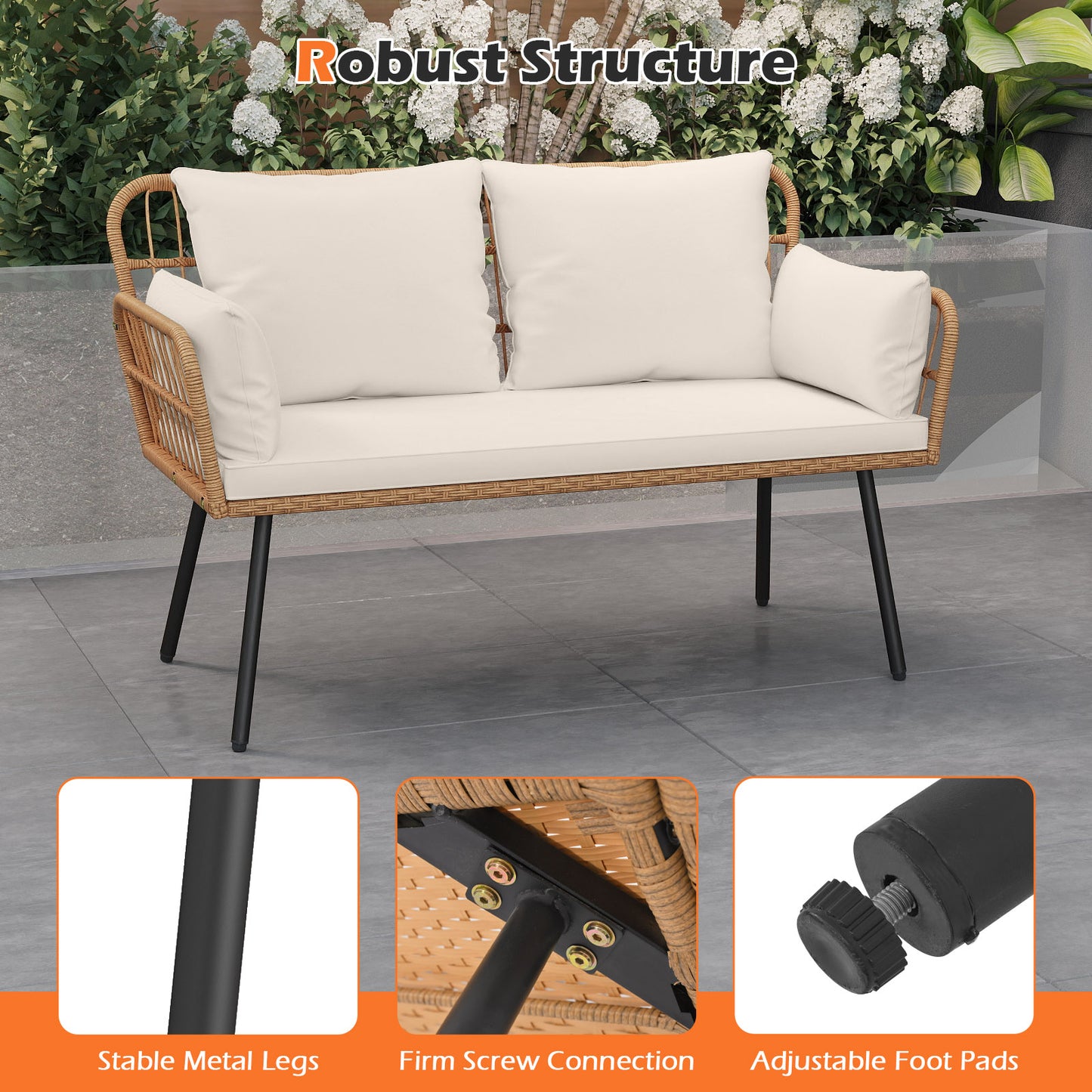 Outdoor Rattan 2-Seat Chair with Seat Back Cushions and Heavy-Duty Metal Legs, Off White Outdoor Chaise Lounges at Gallery Canada