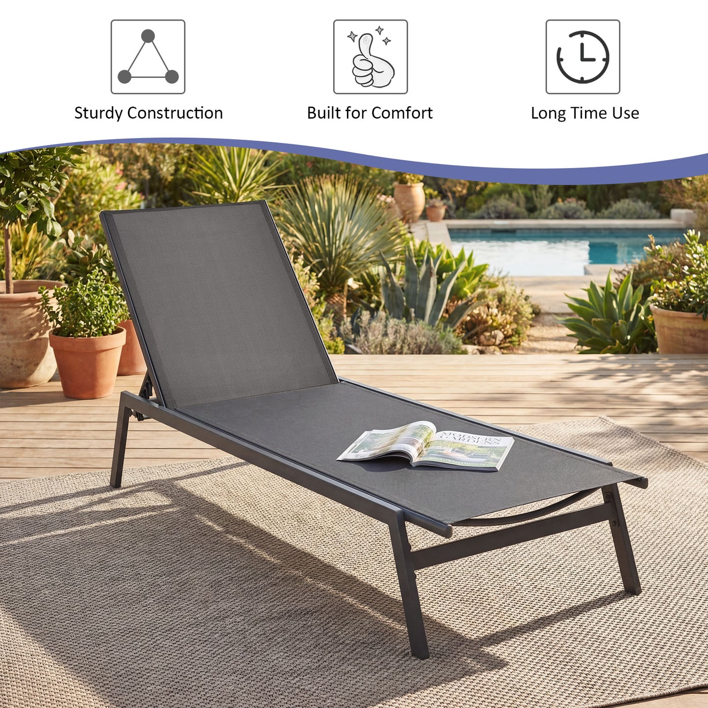 Outdoor Reclining Chaise Lounge Chair, 6-Position Adjustable Back, Gray Outdoor Chaise Lounges at Gallery Canada