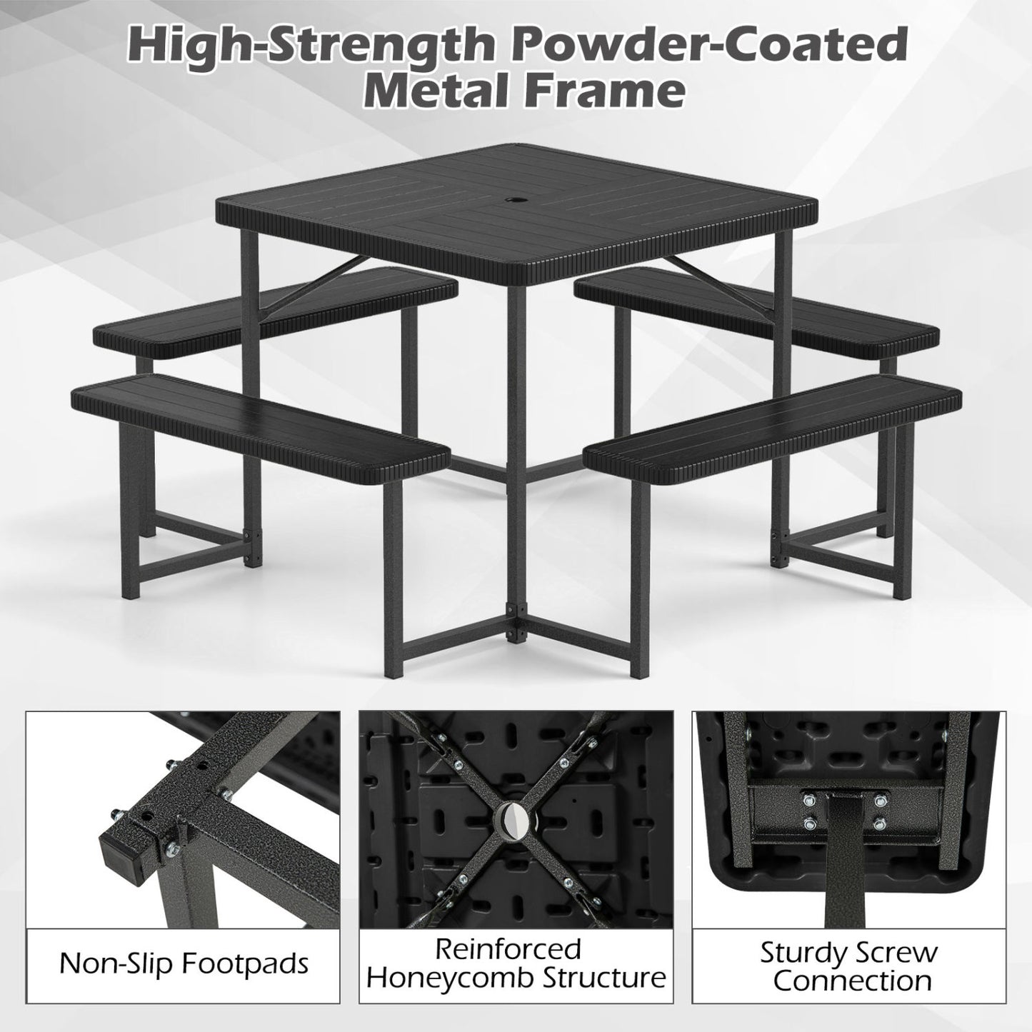 Square Picnic Table Bench Set For 4-8 People, Black