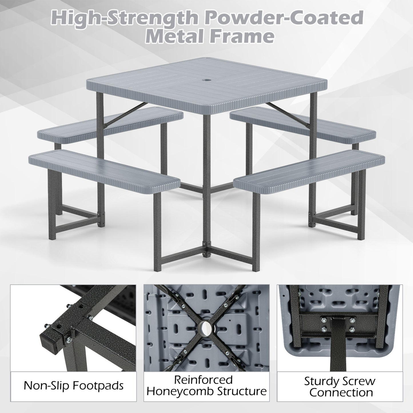 Square Picnic Table Bench Set, 4-8 People, Umbrella Hole, Gray