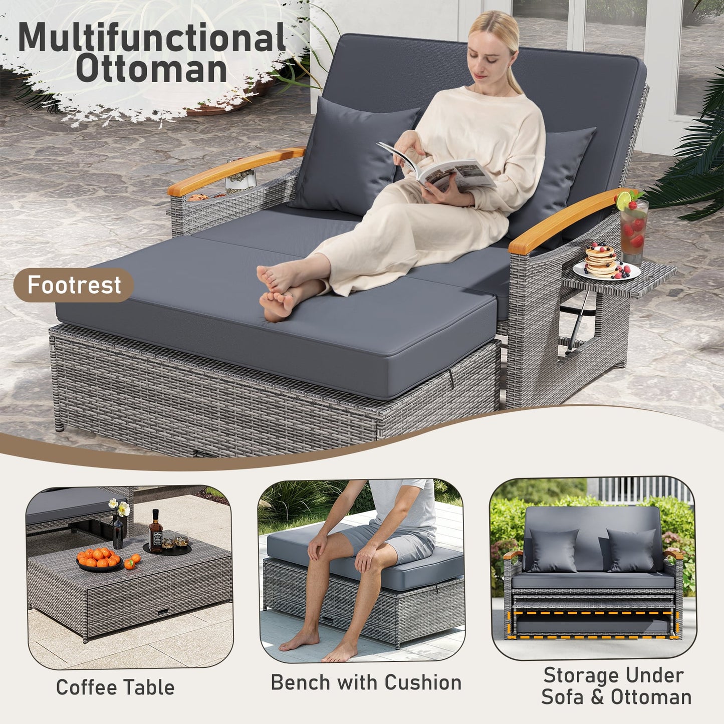 Outdoor Wicker Daybed with Folding Panels and Storage Ottoman-Mix Gray, Mix Grey-grey