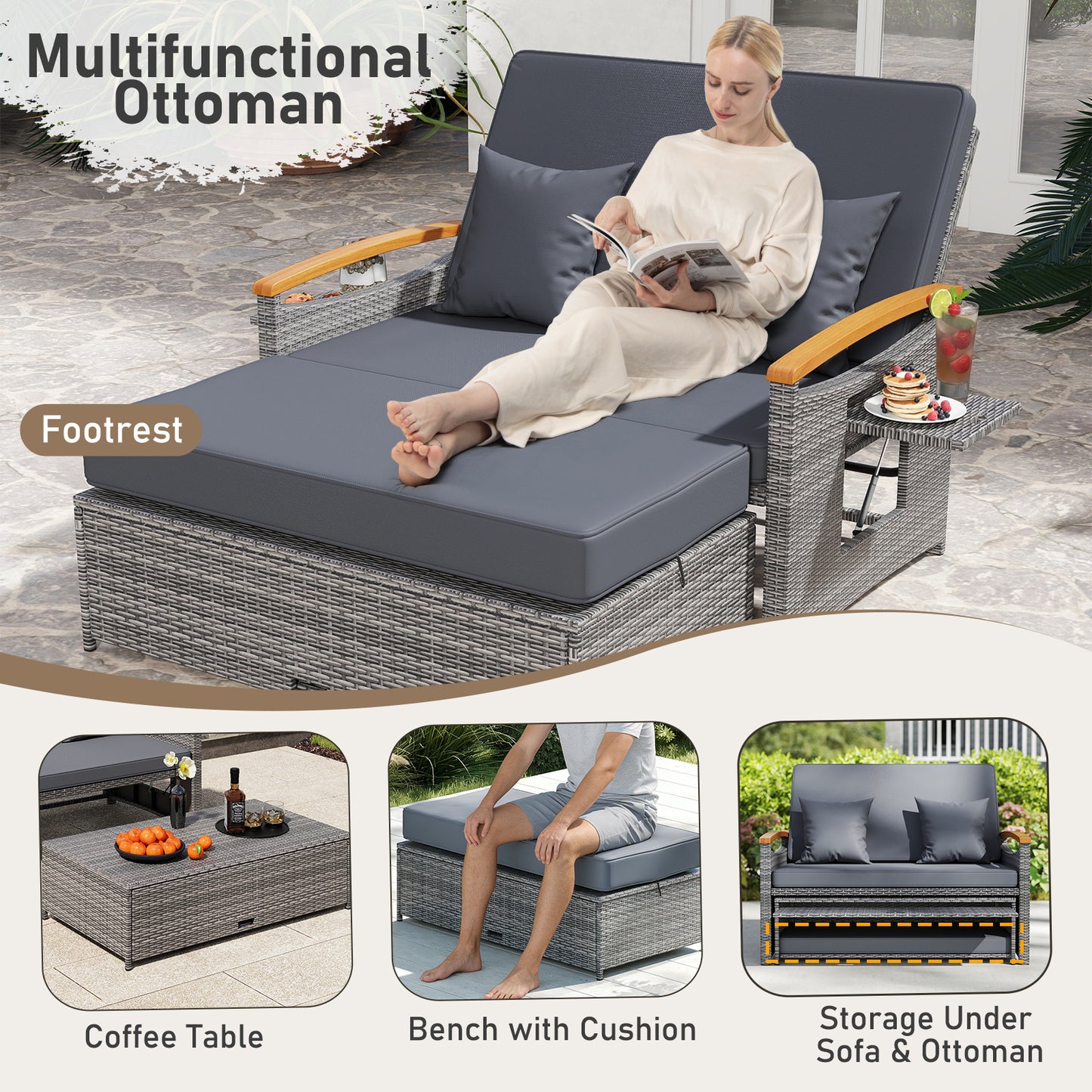 Outdoor Wicker Daybed with Folding Panels and Storage Ottoman-Mix Gray, Mix Grey-grey Outdoor Seating & Patio Chairs at Gallery Canada