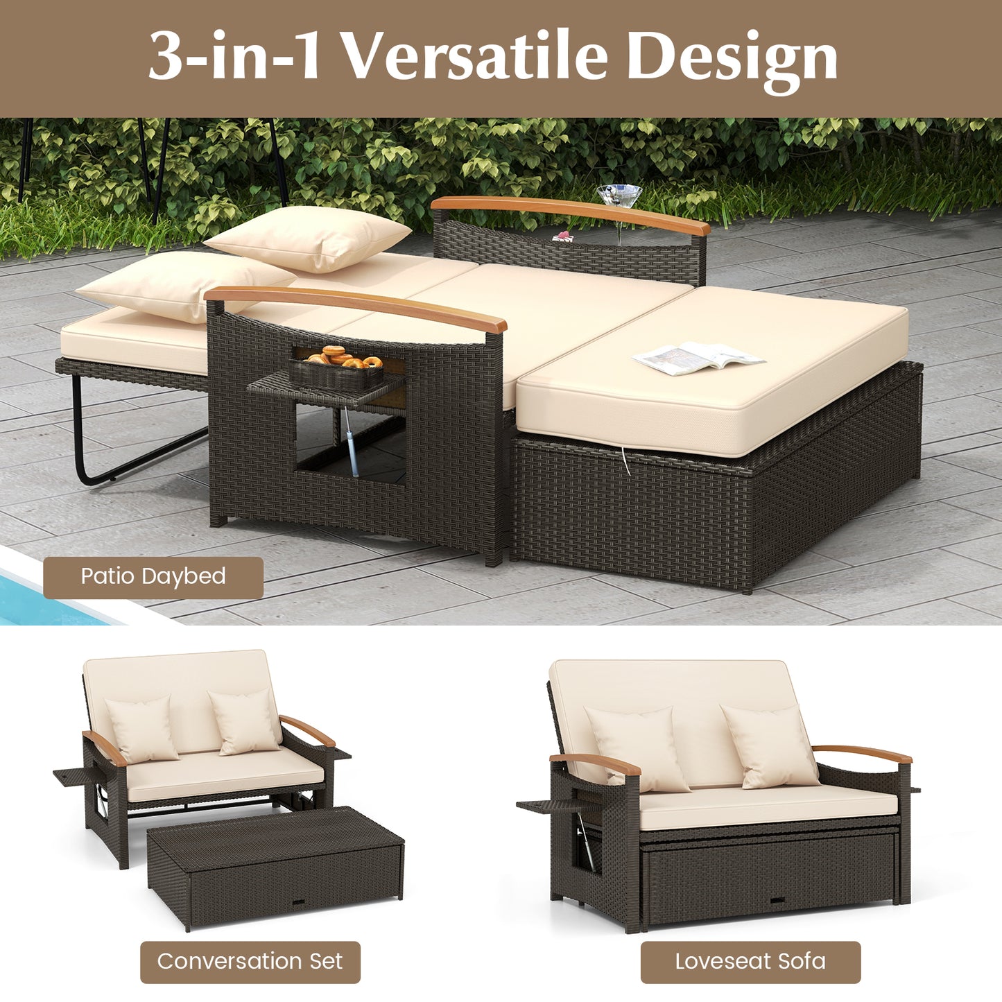 Outdoor Wicker Daybed With Folding Panels, Storage Ottoman, Beige Outdoor Seating & Patio Chairs at Gallery Canada
