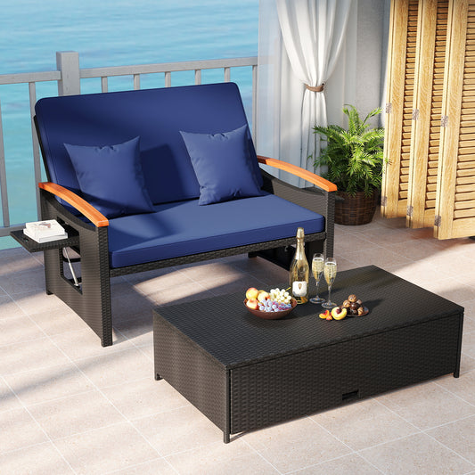 Outdoor Wicker Daybed with Folding Panels and Storage Ottoman, Dark Blue Outdoor Seating & Patio Chairs Dark Blue at Gallery Canada