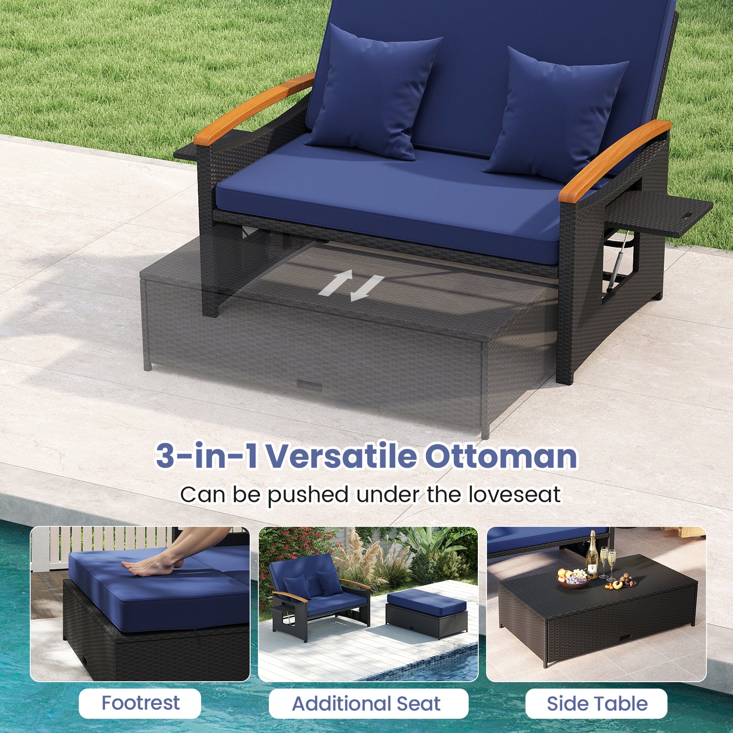 Outdoor Wicker Daybed with Folding Panels and Storage Ottoman, Dark Blue Outdoor Seating & Patio Chairs at Gallery Canada